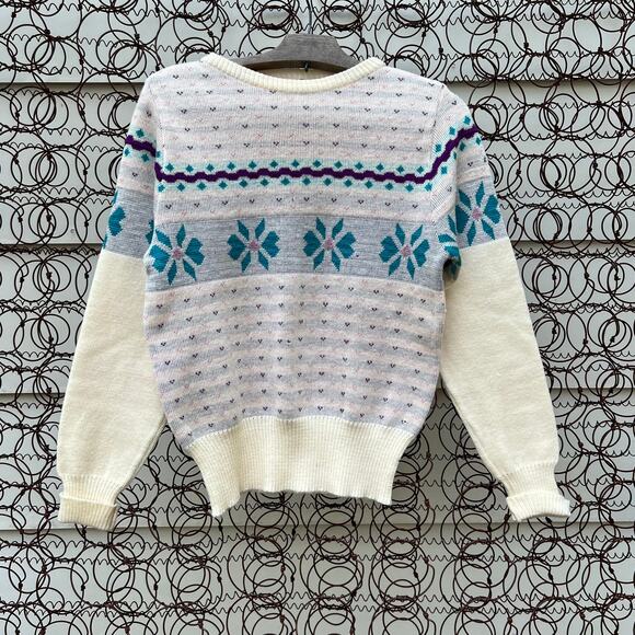 VTG Rockee USA fair isle ski gorpcore pastel ice blue wool knit sweater SMALL - Picture 1 of 5